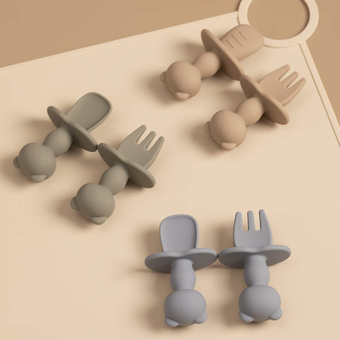 Baby Training Silicone Fork & Spoon Set - Stone Blue